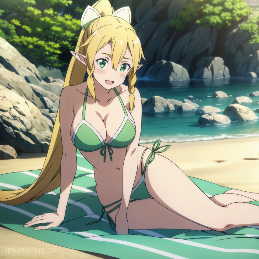 Hentai Blonde Girl Alluring Bare Legs Beach Beach Towel Big Breasts Bikini Blonde Hair