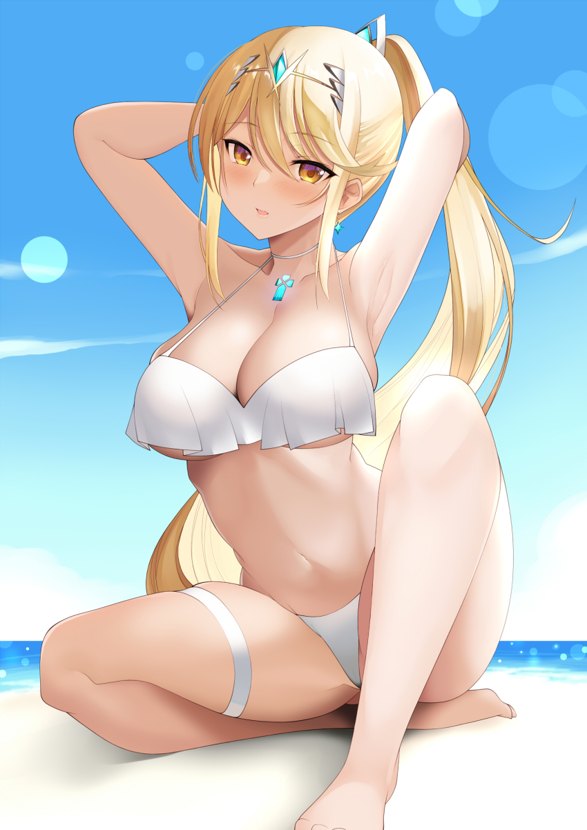 Hentai Boobs Girl Alluring Beach Big Breasts Bikini Blonde Hair Breasts Choker Clouds Core