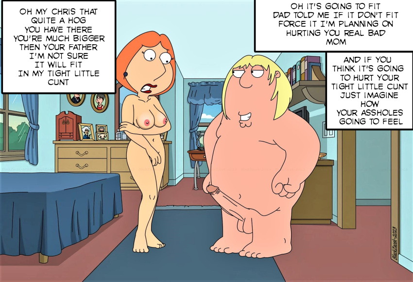 big_breasts big_penis blackzacek breasts cartoon_milf chris_griffin cmdrzacek comic dialogue erection family_guy fat_man f****d imminent_rape incest lois_griffin mother_&amp;_son nipples pale_breasts penis pubic_hair pussy red_hair surprised