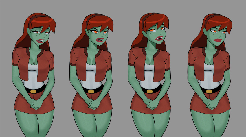 1girl big_breasts breasts comic_book_character female_focus freckles green_skin high_res long_hair martian megan_morse miss_martian orange_eyes patreon patreon_paid patreon_reward red_hair solo_female something_unlimited sunsetriders7 superheroine tagme teen