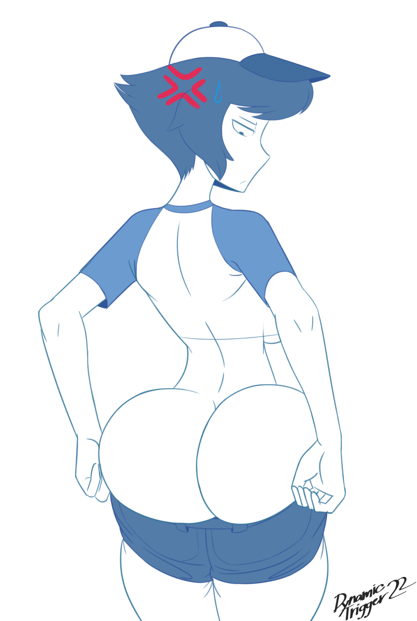 1girl annoyed ass back_view baseball_cap baseball_uniform blue_hair cartoon_network clothing covered_breasts dat_ass dynamictrigger22 embarrassed exposed_ass huge_ass lapis_lazuli lapis_lazuli_(bob) lapis_lazuli_(steven_universe) monochrome pants_down steven_universe tight_clothing under_boob