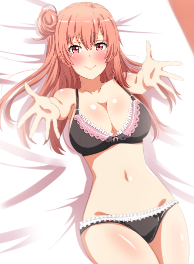 1girl 1girl aged_up alluring bed bed_sheet big_breasts black_bra black_panties blush bra breasts cleavage closed_mouth collarbone commentary cowboy_shot dars_(recolors) frilled_bra frilled_panties frills hair_between_eyes hair_bun long_hair looking_at_viewer lying my_teen_romantic_comedy_snafu navel outstretched_arms outstretched_hand panties pink_eyes pink_hair single_hair_bun smile spread_fingers underwear underwear_only yahari_ore_no_seishun_lovecome_wa_machigatteiru. yuigahama_yui