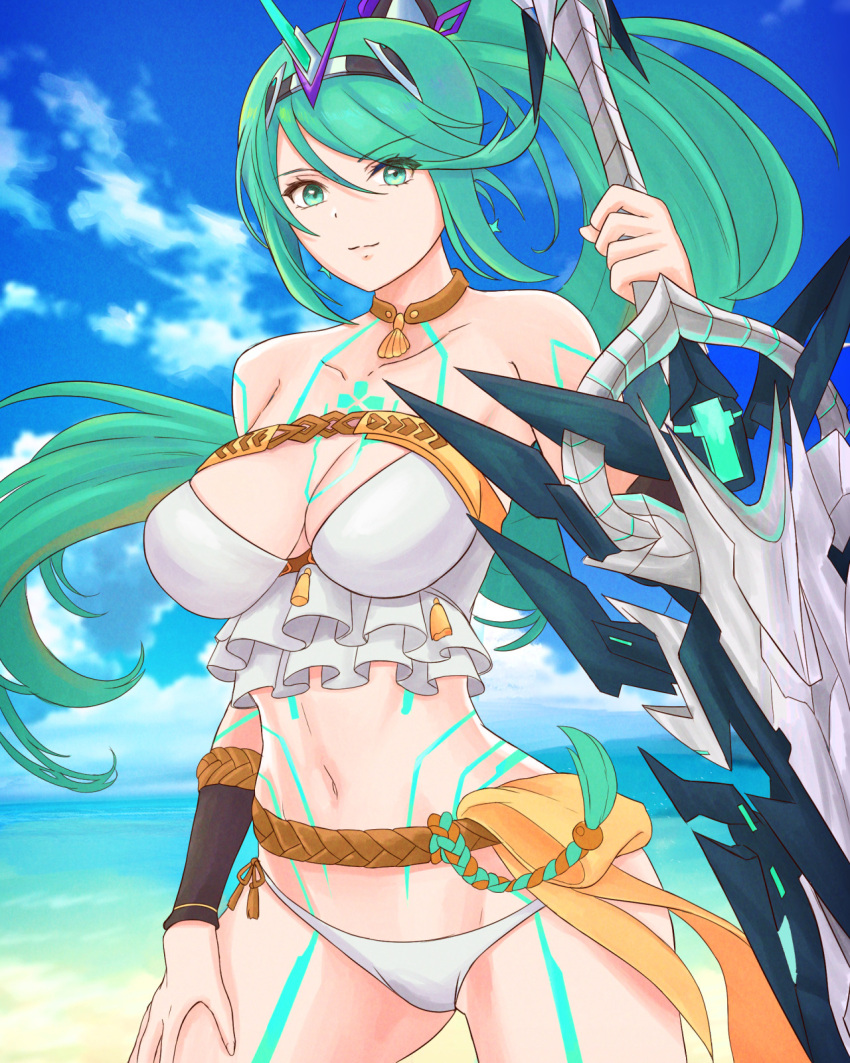 1girl alluring big_breasts bikini cleavage green_eyes green_hair nintendo pneuma_(xenoblade) sword weapon xenoblade_chronicles_2