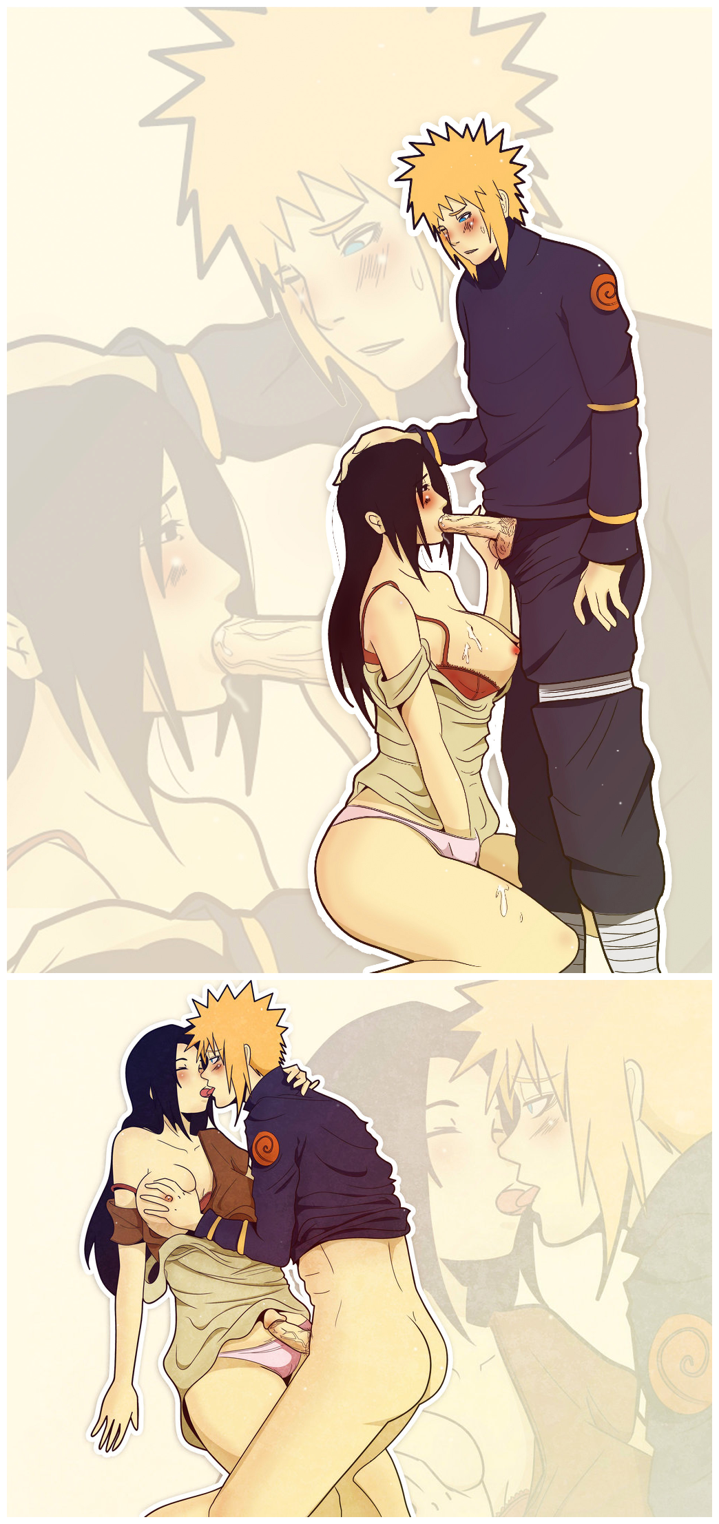 1boy 1girl black_hair blonde_hair breasts couple french_kiss mikoto_uchiha minato_namikaze naruto naruto_(series) naruto_shippuden nipples penis penis_in_mouth pink_panties tongue tongue_out