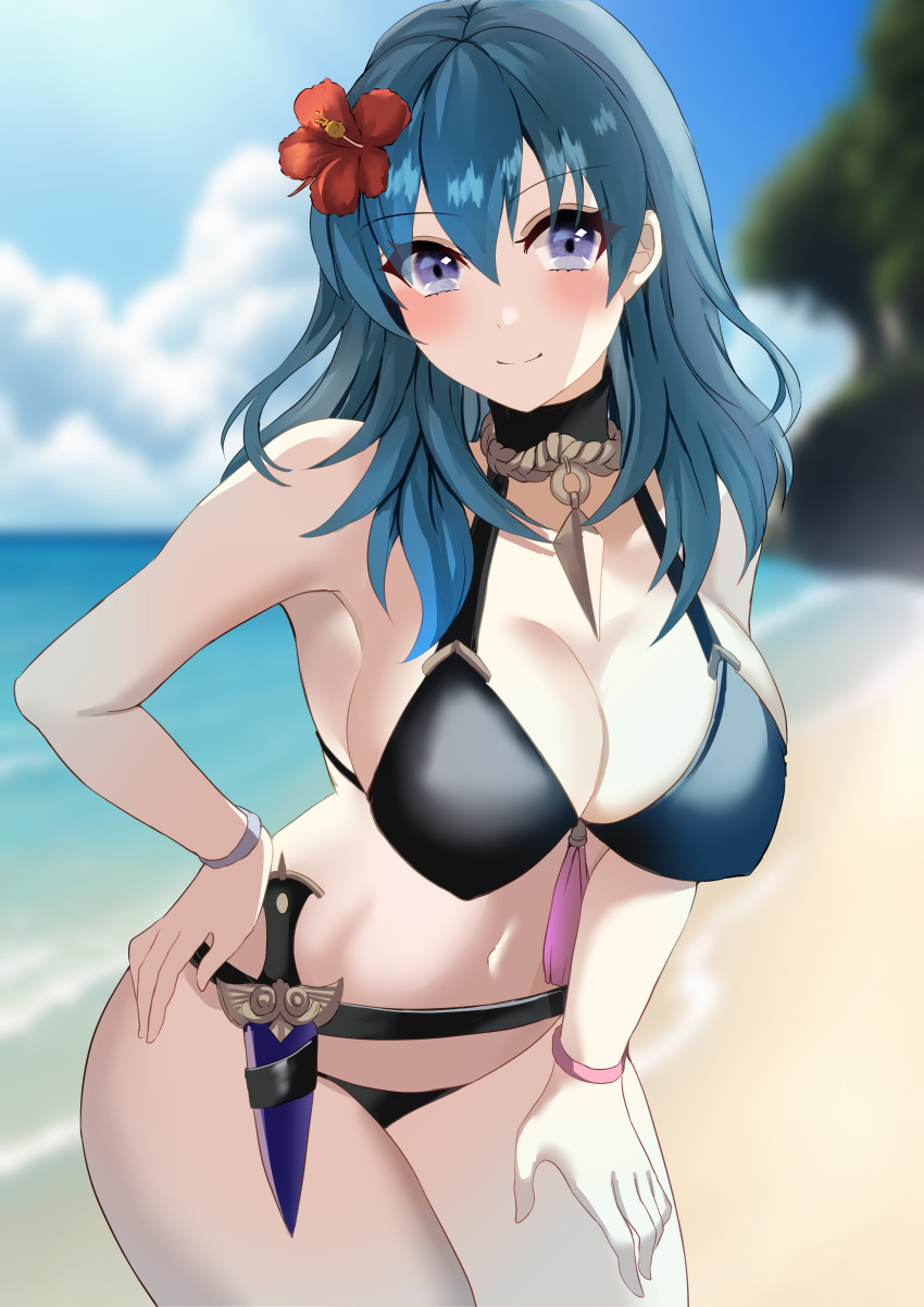 1girl 1girl 1girl alluring alternate_costume bikini black_bikini black_swimsuit breasts byleth_(fire_emblem)_(female) female_only fire_emblem fire_emblem:_three_houses fire_emblem_heroes light-skinned_female looking_at_viewer nintendo official_alternate_costume outside pale-skinned_female solo_female swimsuit tara_(szzj7733)