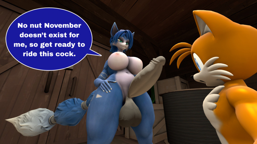 1boy 1futa 3d anthro big_breasts big_penis crossover five_(artist) furry futadom futanari futanari_on_male grin krystal looking_down low-angle_view male miles_"tails"_prower nintendo nipples nude sega sonic_the_hedgehog_(series) source_filmmaker star_fox tail thick_thighs