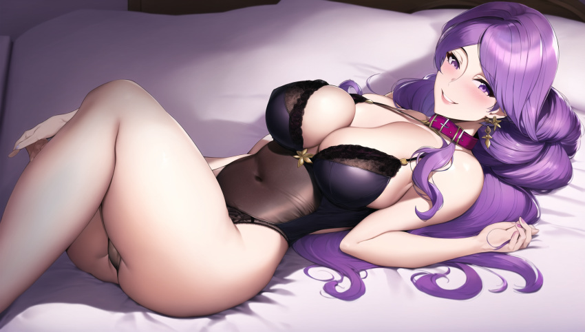 1girl alluring big_breasts black_lingerie blush camilla_(fire_emblem) collar fire_emblem fire_emblem_fates lingerie nightcore_(artist) nintendo on_back on_bed pinup posie purple_eyes purple_hair smile wallpaper