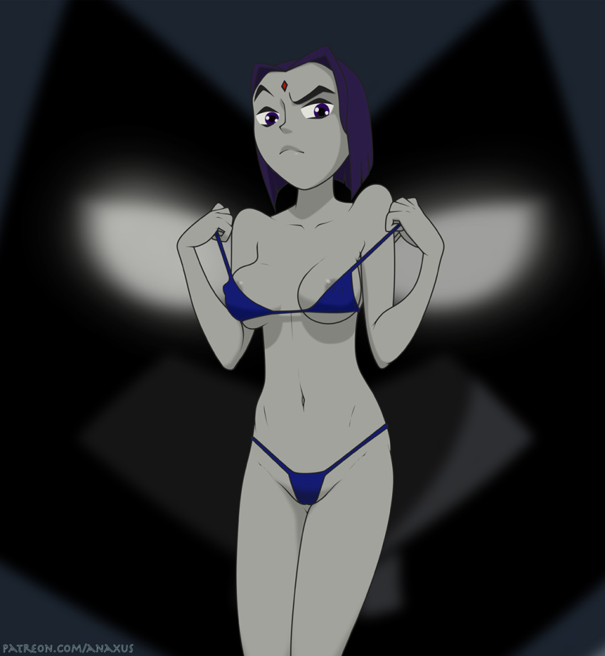 1girl 1girl anaxus blue_bra blue_panties blue_thong blue_underwear bra breasts dc_comics eyebrow_raise legs_together medium_breasts nipples nipples_visible_through_bra panties raven_(dc) solo_female standing teen_titans thong underwear undressing