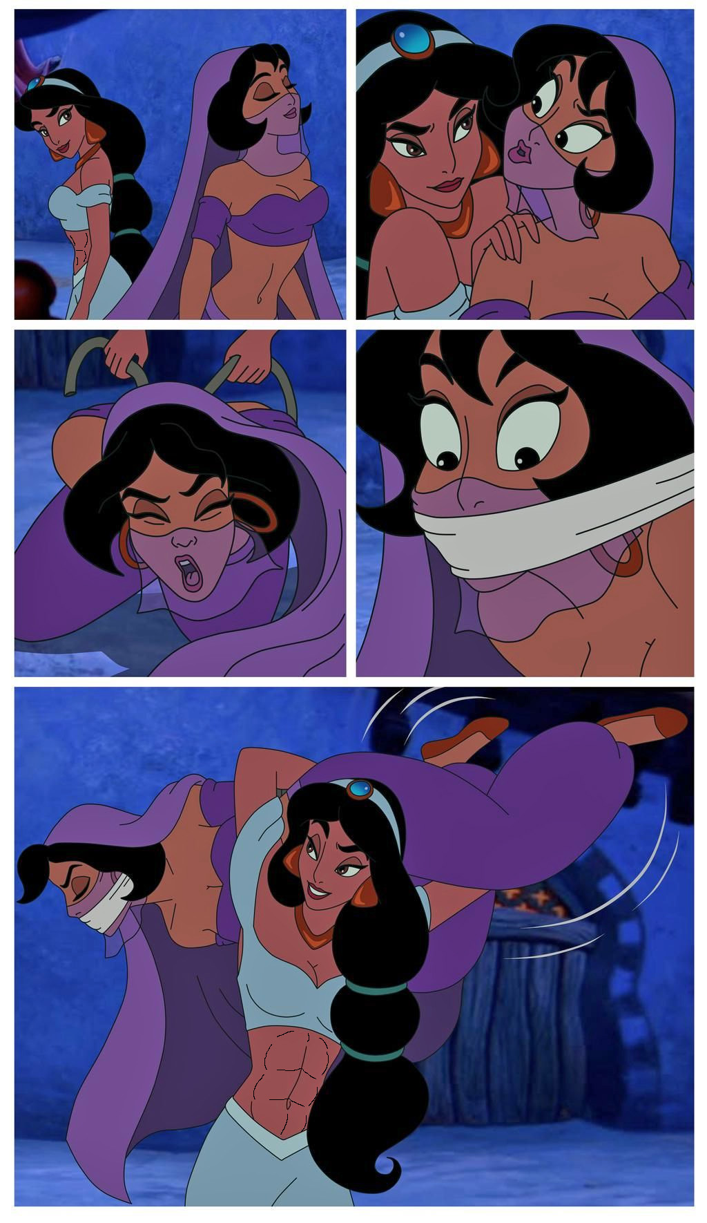 2_girls aladdin_(series) athletic_female black_hair bound comic disney female_abs fit_female gag harem_girl princess_jasmine serisabibi