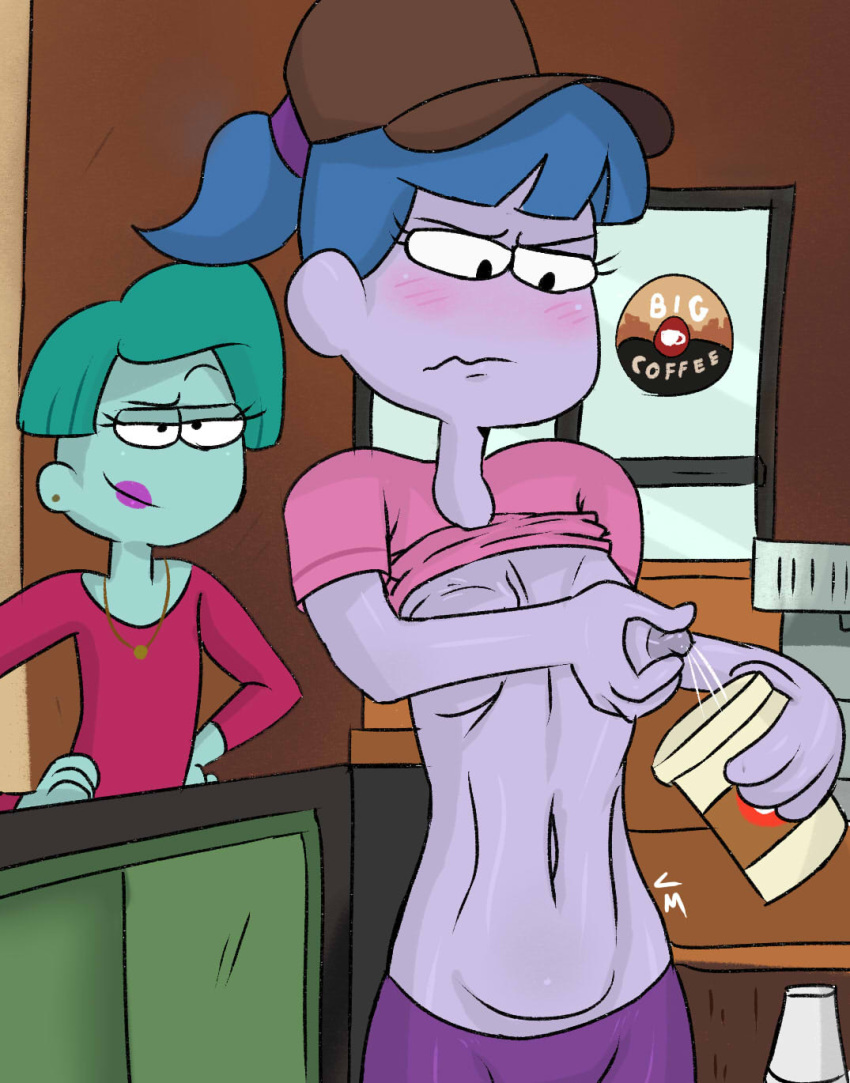 big_city_greens blue_hair disney disney_channel gloria_sato green_hair green_skin pinching_nipple purple_skin