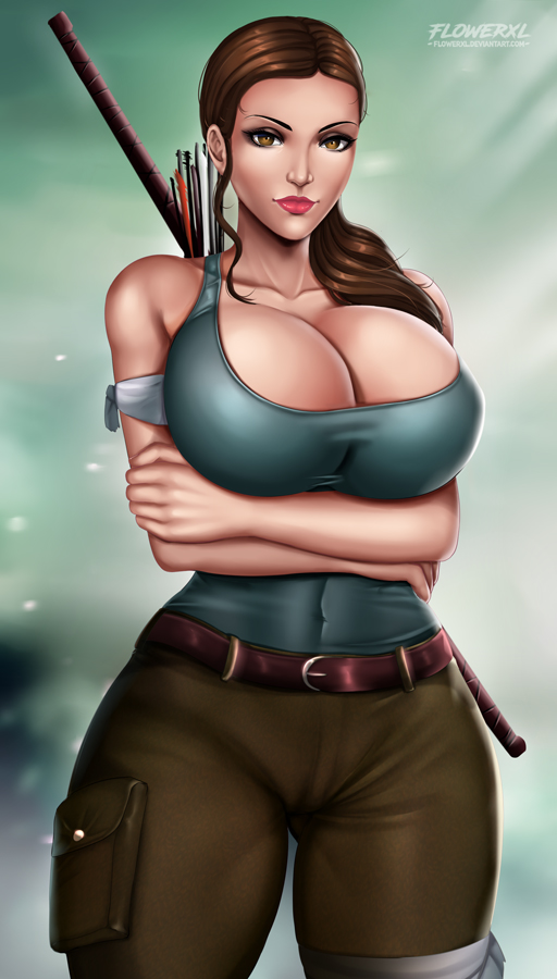 1female 1girl abstract_background arms_crossed_under_breasts arrows belt big_breasts breasts brown_eyes brown_hair brown_shorts cleavage eidos female_only flowerxl green_background green_topwear huge_breasts lara_croft lara_croft_(survivor) long_hair looking_at_viewer pale-skinned_female ponytail red_lipstick sexy_armpits stockings tomb_raider video_game_character video_games