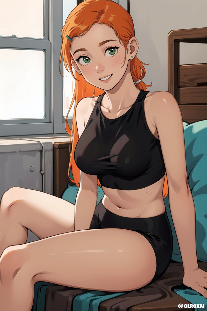 1girl aged_up ai_generated alternate_costume bare_shoulders bare_thighs ben_10 breasts cartoon_network green_eyes gwen_tennyson gym_clothes human midriff navel olroxai orange_hair smile sportswear stable_diffusion young