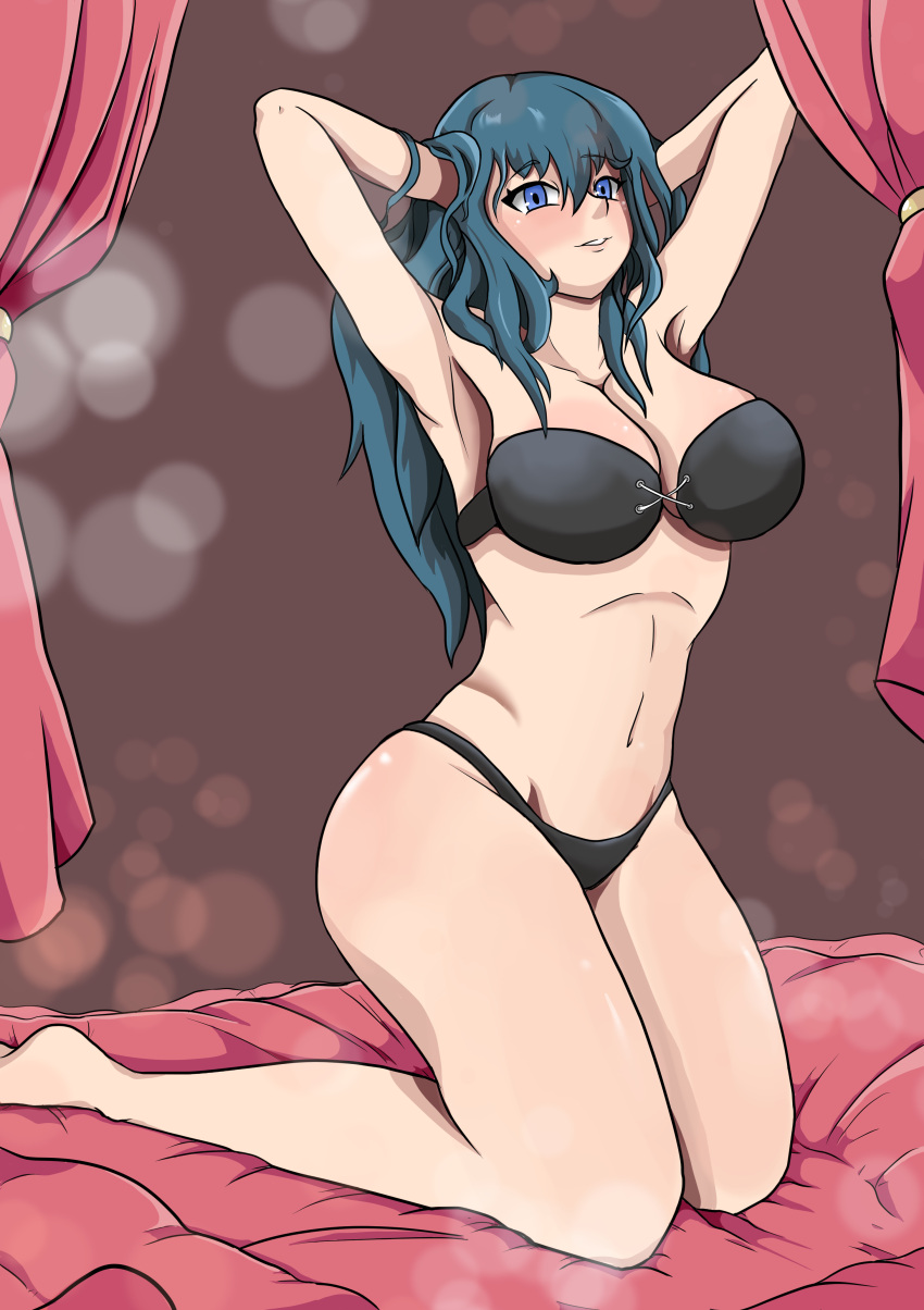 1girl alluring bare_midriff bedroom big_breasts blue_eyes blue_hair byleth_(fire_emblem)_(female) female_only fire_emblem fire_emblem:_three_houses long_hair nintendo on_bed skye_borough solo_female solo_focus teal_hair thick_thighs