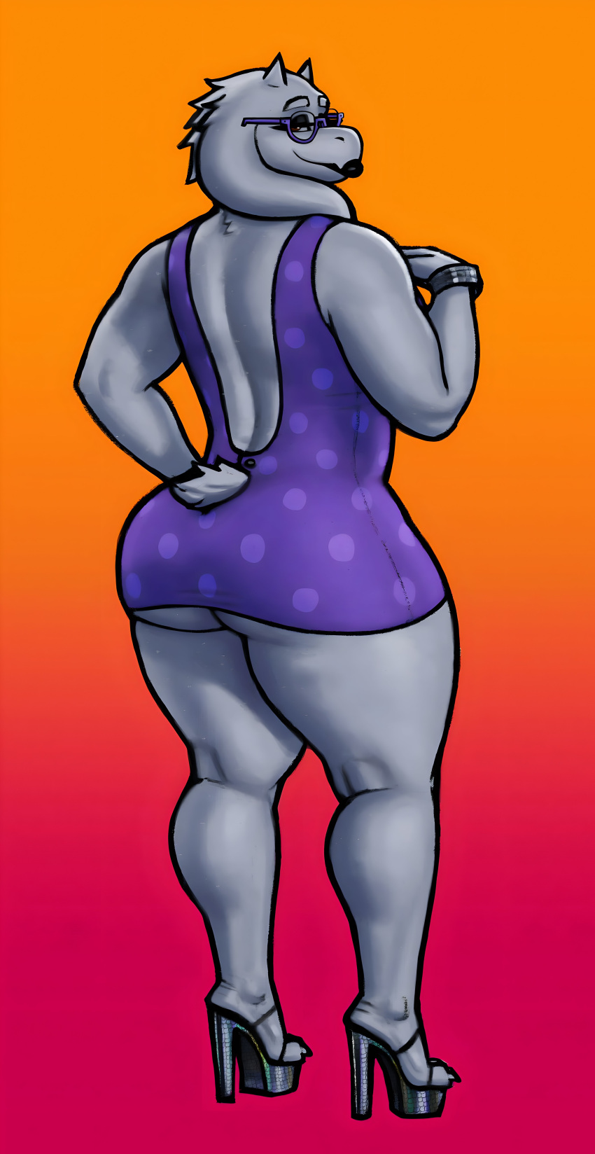 1girl big_ass big_breasts dat_ass glasses goat horns mature_female milf platform_shoes posing purple_dress seductive sligarthetiger toriel undertale white_skin