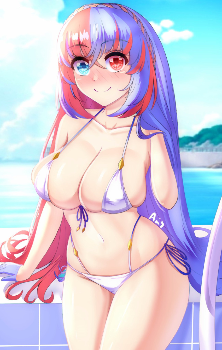 1girl 1girl 1girl alear_(female)_(fire_emblem) alear_(fire_emblem) alluring anisdrawn artist_name big_breasts bikini blue_eyes blue_hair blush breasts bulging_breasts detailed_background female_only fire_emblem fire_emblem_engage gloves hand_in_hair heterochromia light-skinned_female light_skin looking_at_viewer multicolored_hair nintendo red_eyes red_hair sea seaside sideboob skimpy skimpy_bikini sky smile swimsuit watermark white_bikini