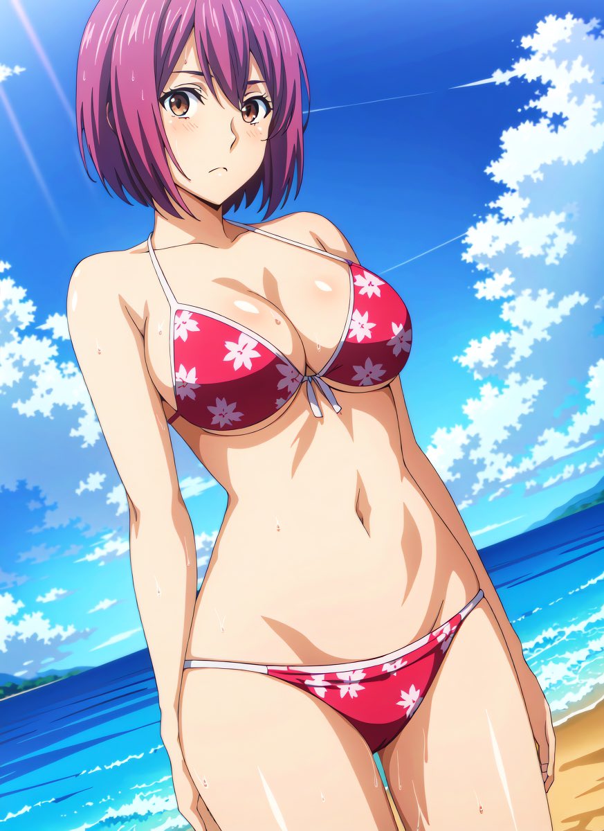 1girl alluring arato_hisako beach big_breasts bikini breasts brown_eyes cleavage female_only high_res joker_(artist) legs looking_at_viewer pale-skinned_female purple_hair shokugeki_no_souma short_hair sweat thighs voluptuous water wet