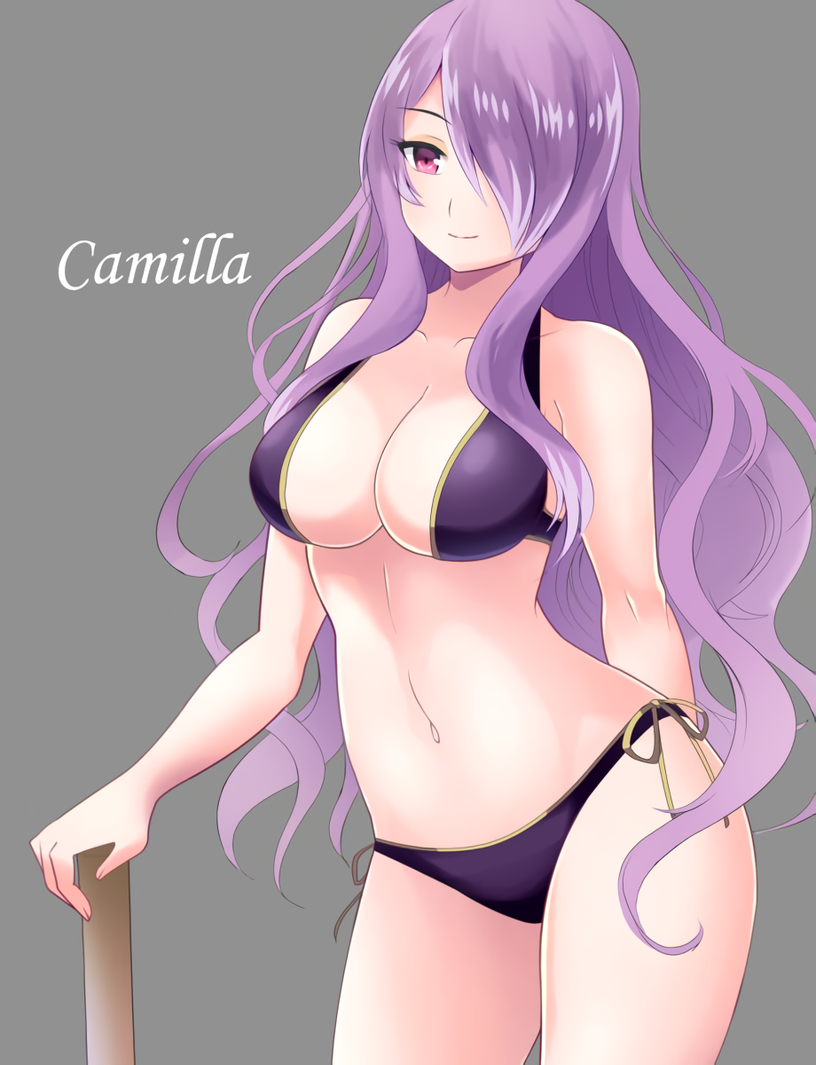 1girl alluring big_breasts bikini breasts camilla_(fire_emblem) cleavage cowboy_shot fire_emblem fire_emblem_fates grey_background hair_over_one_eye long_hair nintendo purple_eyes purple_hair shira_yu_ki side-tie_bikini_bottom simple_background smile swimsuit wavy_hair