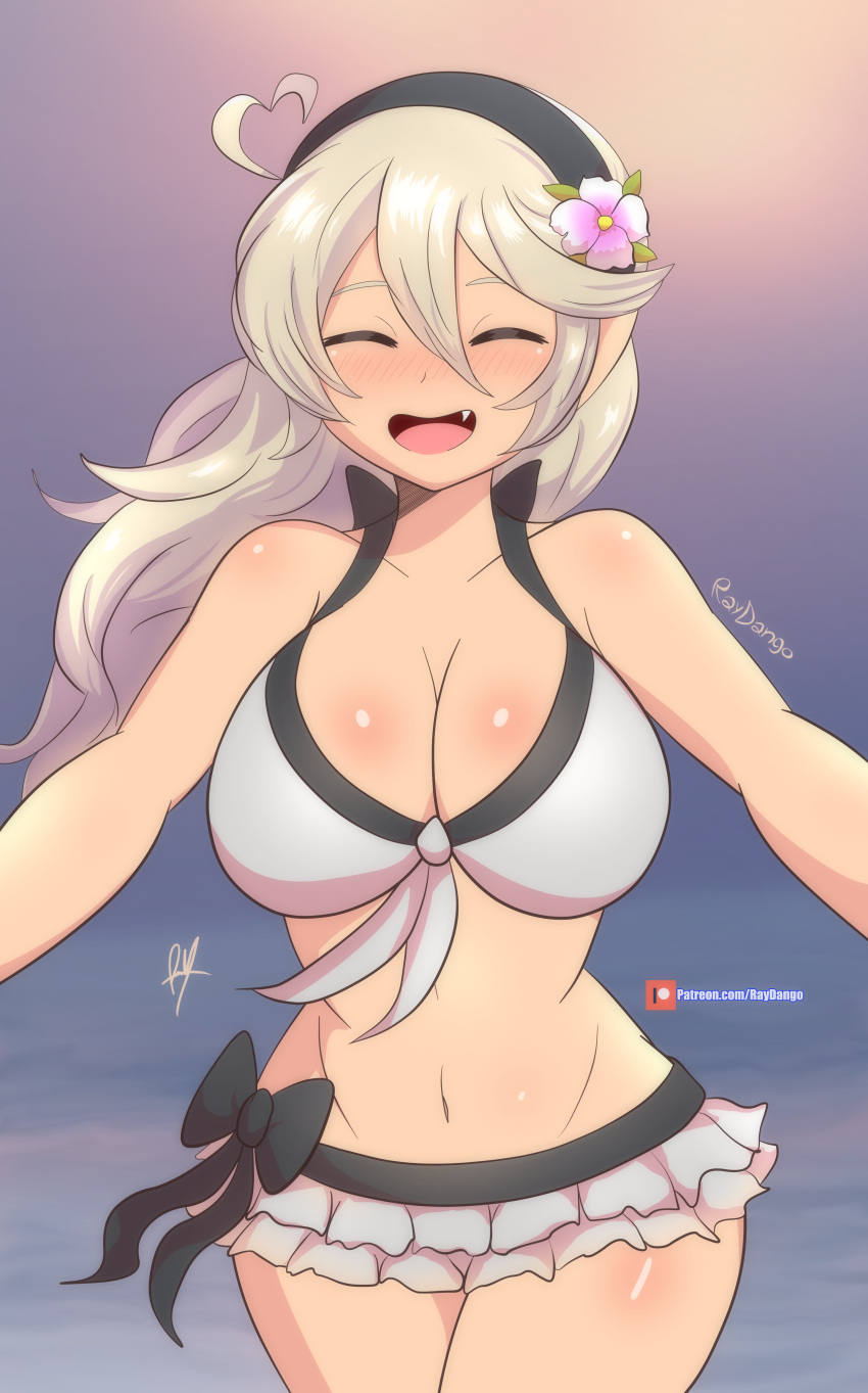 1girl 1girl 1girl ahoge alluring alternate_costume bare_thighs big_breasts bikini bikini_skirt breasts cleavage closed_eyes corrin_(fire_emblem) corrin_(fire_emblem)_(female) corrin_(summer)_(fire_emblem)_(female) cute female_only fire_emblem fire_emblem_fates fire_emblem_heroes flower hair_flower hairband heart_ahoge hugging incoming_hug long_hair nintendo official_alternate_costume open_mouth outside pointy_ears pov_hug raydango smile swimsuit thighs white_bikini white_swimsuit