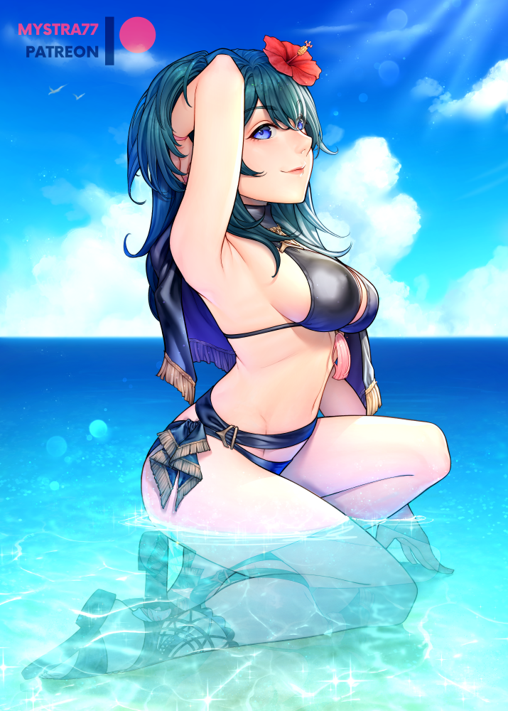 1girl 1girl adjusting_hair alluring alternate_costume arm_up armpits bare_legs bikini black_bikini black_swimsuit blue_eyes blue_hair blue_sky byleth_(female)_(fire_emblem) byleth_(fire_emblem) byleth_(fire_emblem)_(female) byleth_(summer)_(fire_emblem)_(female) cape cloud commentary day fire_emblem fire_emblem:_three_houses fire_emblem_heroes flower hair_flower hair_ornament kneel lips long_hair looking_at_viewer medium_breasts medium_hair mystra77 navel nintendo ocean official_alternate_costume partially_submerged pose red_flower sandals seaside sideboob sky smile solo_female stomach swimsuit teal_hair thighs water