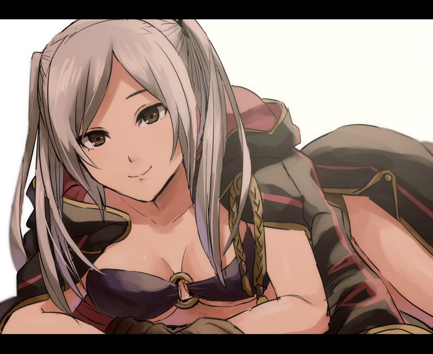 1girl 1girl alluring bikini blue_eyes breasts cape fire_emblem fire_emblem_awakening fire_emblem_heroes high_res hood kometubu0712 long_hair looking_at_viewer nintendo robin_(fire_emblem) robin_(fire_emblem)_(female) smile swimsuit twin_tails white_background white_hair