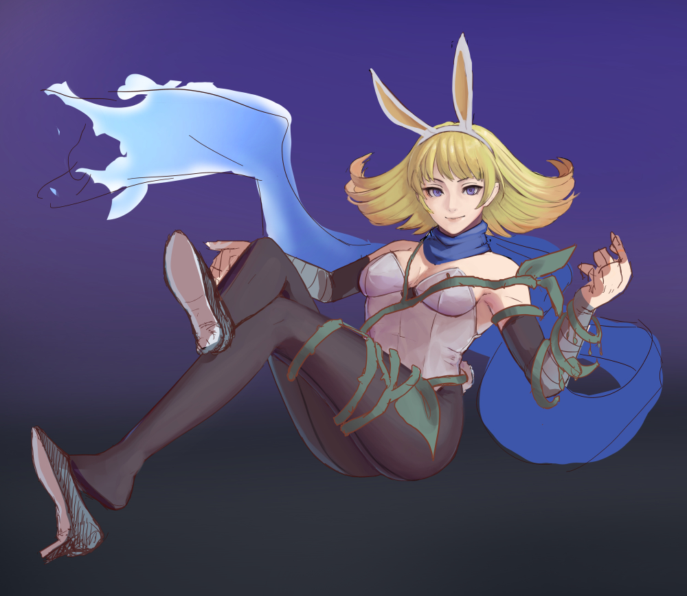 1girl alluring alternate_costume animal_ears bare_shoulders blonde_hair breasts cm_lynarc fake_animal_ears full_body gradient_background high_heels kid_icarus kid_icarus_uprising leotard looking_at_viewer medium_breasts nintendo phosphora playboy_bunny purple_eyes rabbit_ears scarf sitting smile