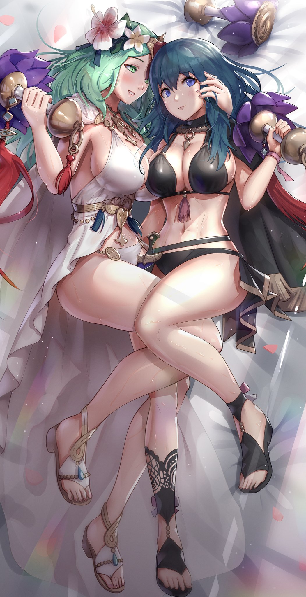 2girls abs accessory alluring athletic_female big_breasts bikini bikini_top black_swimsuit blue_eyes byleth_(female) byleth_(fire_emblem) cape cleavage dress female_abs fire_emblem fire_emblem:_three_houses fire_emblem_heroes fit_female flower flower_in_hair gonzarez green_eyes green_hair headwear hips nintendo rhea_(fire_emblem) rhea_(summer)_(fire_emblem) rhealeth simple_background smile swimsuit teal_hair thighs tiara water wet wet_clothes wet_skin white_background white_swimsuit