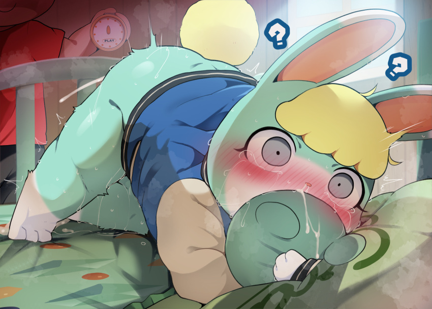 after_sex animal_crossing anthro ass blonde_hair blush bodily_fluids clothed clothing cum dagasi duo fur genital_fluids girly green_body green_fur hair human male mammal nintendo plushie question_mark rabbit sasha_(animal_crossing) sweat sweatdrop tears time_stop villager_(animal_crossing)