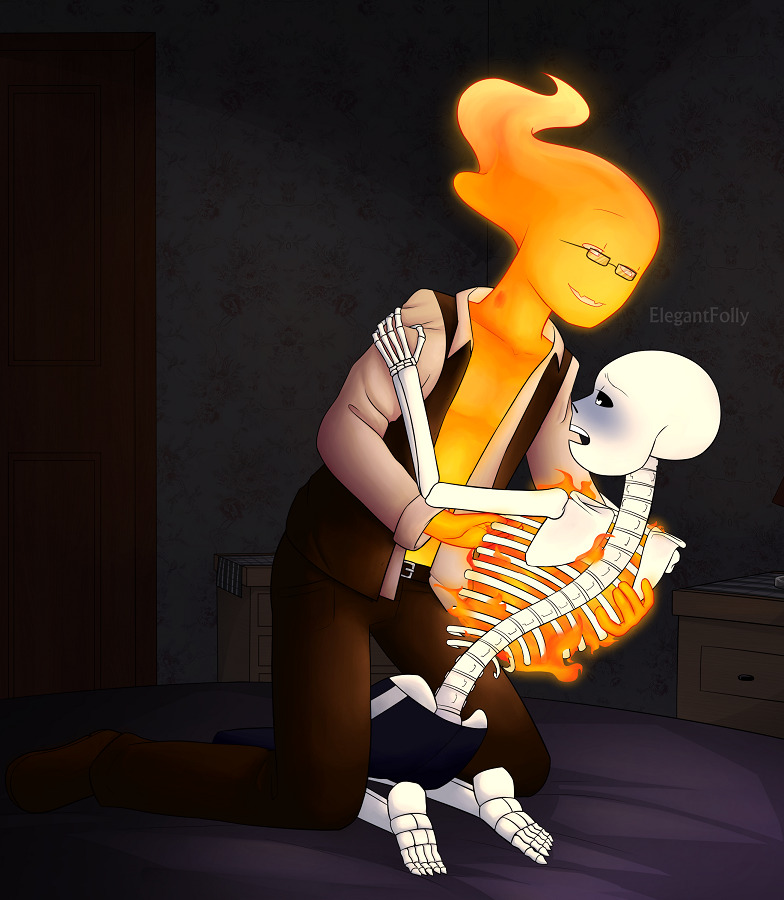 animated_skeleton blue_blush blush bottom_sans clothed echoheartx elegantfolly fire fire_elemental grillby grillby_(undertale) grillsans kneel partially_clothed sans sans_(undertale) sansby skeleton topless uke_sans undead undertale undertale_(series) undertale_fanfiction