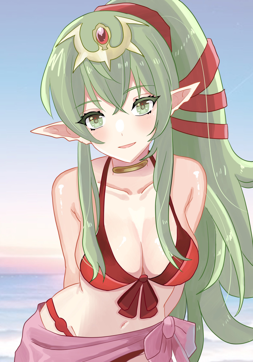 1girl 1girl absurd_res alluring arms_behind_back bare_shoulders bikini breasts cleavage collarbone crossed_bangs fire_emblem fire_emblem_awakening fire_emblem_heroes green_eyes green_hair hair_ornament high_res long_hair looking_at_viewer medium_breasts n_54 navel nintendo official_alternate_costume pointy_ears ponytail red_bikini sarong swimsuit tiki_(adult)_(fire_emblem) tiki_(adult)_(summer)_(fire_emblem) tiki_(fire_emblem) very_long_hair