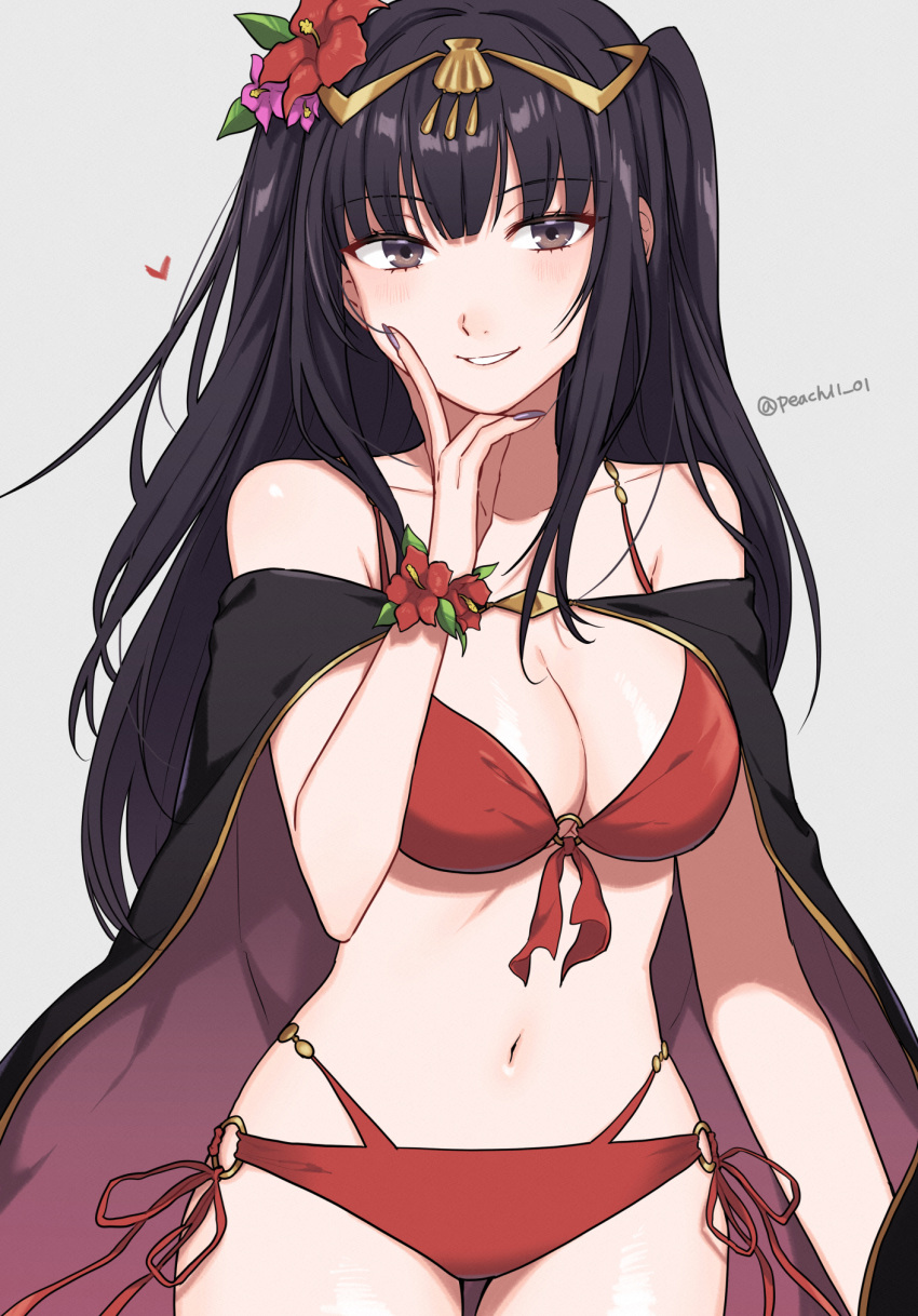 1girl 1girl alluring bare_shoulders big_breasts bikini black_cape black_hair breasts cape cleavage commentary cowboy_shot fire_emblem fire_emblem_awakening fire_emblem_heroes grey_background grey_eyes grin high_res long_hair looking_at_viewer navel nintendo o-ring o-ring_bikini official_alternate_costume peach11_01 red_bikini simple_background smile standing stomach swimsuit tharja tharja_(fire_emblem) tharja_(summer)_(fire_emblem) two_side_up very_long_hair