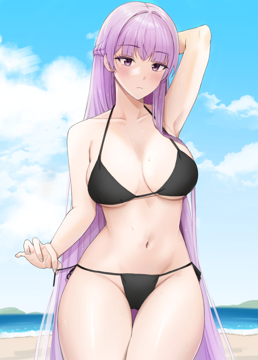 1girl 1girl 1girl absurdly_long_hair alluring alternate_breast_size big_breasts big_breasts bikini black_bikini blue_sky braid breasts cloud commentary_request cowboy_shot crown_braid dada_(dadada_20) day fire_emblem fire_emblem:_the_binding_blade high_res long_hair nintendo outside purple_eyes purple_hair side-tie_bikini sky solo_female sophia_(fire_emblem) standing swimsuit teasing thigh_gap undressing very_long_hair