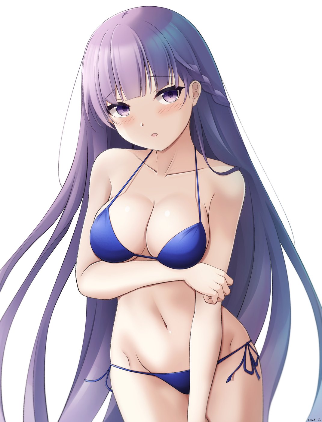 1girl 1girl 1girl alluring alternate_breast_size bare_shoulders big_breasts bikini blue_bikini blush braid breasts cleavage fire_emblem fire_emblem:_the_binding_blade keenh light_blush long_hair manakete midriff purple_eyes purple_hair side-tie_bikini solo_female sophia_(fire_emblem) string_bikini swimsuit very_long_hair