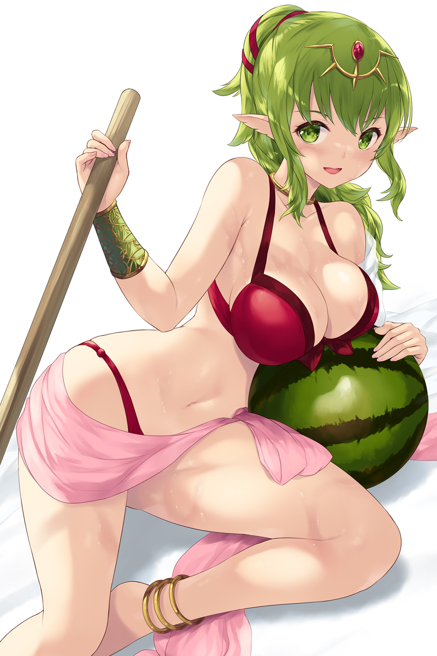 1girl 1girl 1girl alluring alternate_costume bangs bare_shoulders big_breasts bikini blush breasts cait cleavage collarbone commentary female_only fire_emblem fire_emblem_awakening fire_emblem_heroes food fruit green_eyes green_hair high_res long_hair looking_at_viewer navel nintendo official_alternate_costume open_mouth pointy_ears ponytail red_bikini red_swimsuit smile swimsuit thighs tiki_(adult)_(fire_emblem) tiki_(adult)_(summer)_(fire_emblem) tiki_(fire_emblem) watermelon white_background