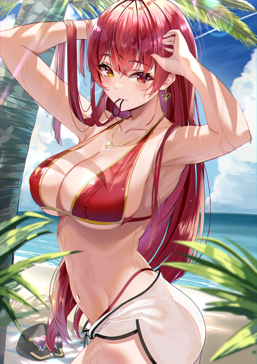 1girl 1girl absurd_res armpits arms_up beach big_breasts bikini bikini_under_clothes bikini_under_shorts blush breasts earrings gold_earrings hair_tie hair_tie_in_mouth hands_up heart heart_earrings heterochromia high_res hololive houshou_marine houshou_marine_(4th_costume) jewelry leaf long_hair looking_at_viewer mouth_hold navel palm_tree puripuri red_bikini red_eyes red_hair shorts single_earring string_bikini swimsuit tree virtual_youtuber water white_shorts yellow_eyes