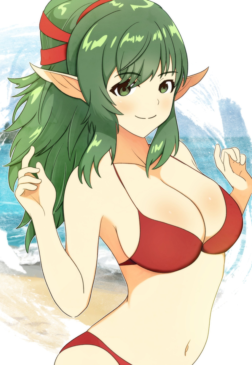 1girl 1girl alluring alternate_costume beach big_breasts bikini breasts cleavage fire_emblem fire_emblem_awakening fire_emblem_heroes green_eyes green_hair long_hair looking_at_viewer nintendo ocean orbiculare pointy_ears ponytail red_bikini red_swimsuit sand smile source_larger swimsuit tiki_(adult)_(fire_emblem) tiki_(adult)_(summer)_(fire_emblem) tiki_(fire_emblem) upper_body