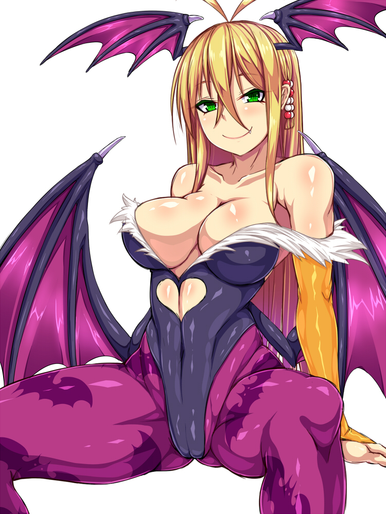 1girl 1girl amau_(kosmos) animal_print antenna_hair arms_at_sides bare_shoulders bat_print bat_wings big_breasts black_leotard blonde_hair breasts cameltoe cleavage closed_mouth clothing_cutout collarbone commentary_request cosplay fang fang_out fuckable gluteal_fold green_eyes hair_between_eyes halloween head_wings heart_cutout hot insanely_hot leotard long_hair looking_at_viewer morrigan_aensland morrigan_aensland_(cosplay) naughty_face nice_body off_shoulder pantyhose pink_pantyhose print_pantyhose seductive_smile sexy simple_background sitting skin_tight smile spread_legs tsurime tsurumaki_maki vampire_(game) very_long_hair voiceroid white_background wings