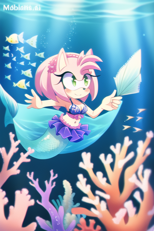 1girl ai_generated amy_rose anthro bare_arms bare_midriff bare_shoulders belly_button big_breasts bikini bikini_top blue_bikini blue_bikini_top blue_skirt breasts cleavage coral coral_reef eulipotyphlan fish furry green_eyes headband hedgehog hedgehog_ears hedgehog_girl hedgehog_humanoid long_hair mammal merfolk mermaid mermaid_tail midriff mobians.ai navel ocean pink_fur pink_hair pink_headband sea sega skirt sonic_(series) sonic_the_hedgehog_(series) underwater water