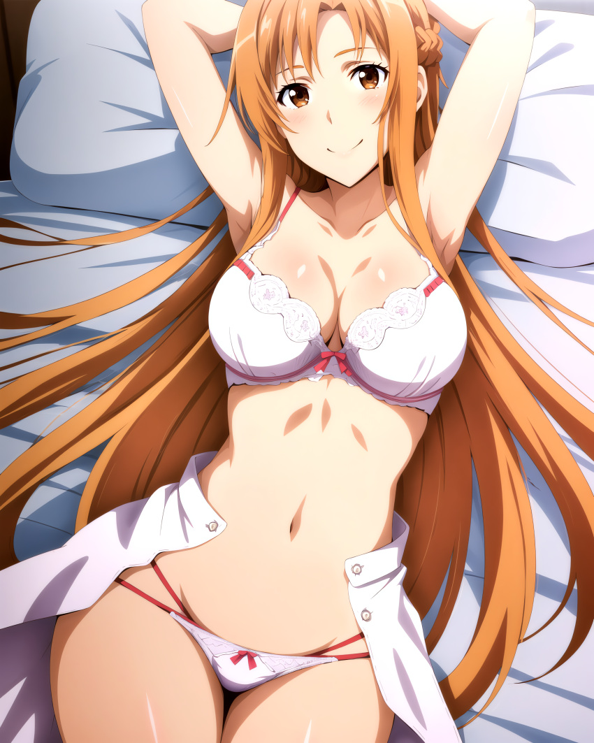 1girl alluring asuna_(sao) auburn_hair big_breasts bra brown_eyes cleavage joker_(artist) lingerie on_bed panties sword_art_online underwear