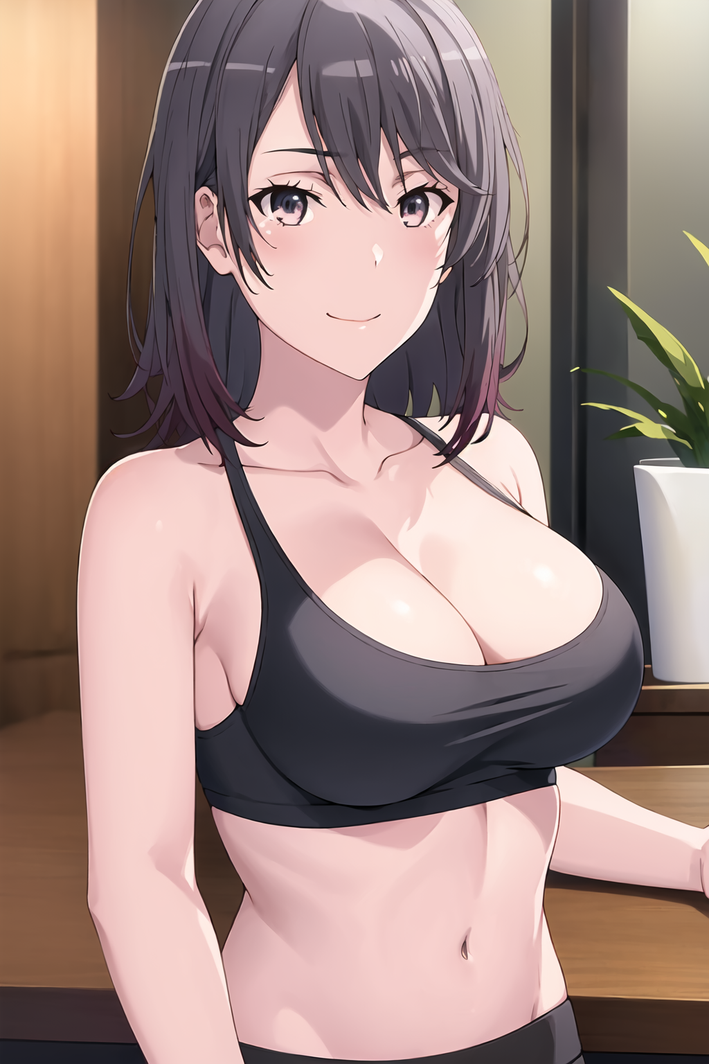 1girl alluring big_breasts black_and_purple_hair cleavage gym_pants nios purple_eyes silf sports_bra yahari_ore_no_seishun_lovecome_wa_machigatteiru. yukinoshita_haruno