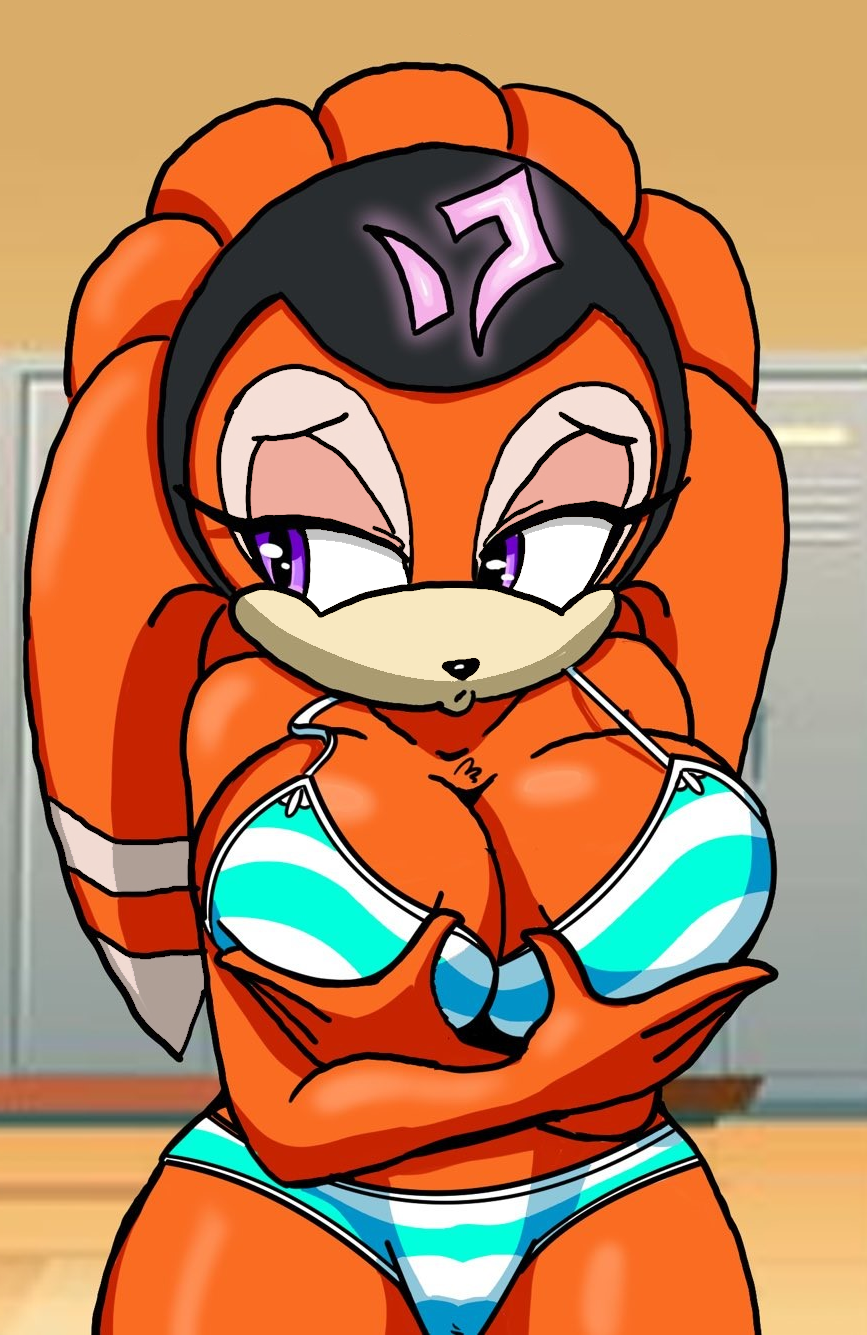 1girl anthro big_breasts bikini breasts color_edit echidna edit furry purple_eyes roga14 sega shade_the_echidna sonic_chronicles:_the_dark_brotherhood sonic_the_hedgehog_(series) striped_bikini striped_swimsuit swimsuit