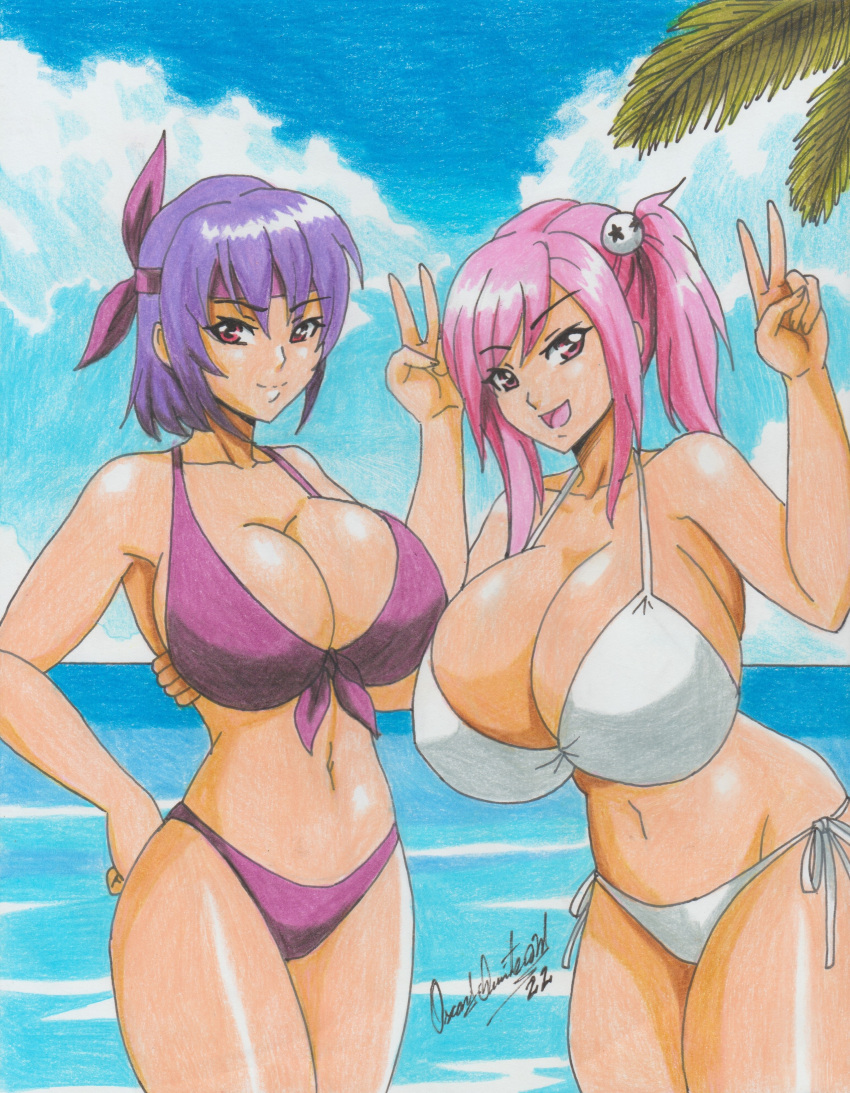 2022 2girls absurd_res alluring ayane ayane_(doa) beach big_breasts bikini breasts cleavage commission dead_or_alive dead_or_alive_2 dead_or_alive_3 dead_or_alive_4 dead_or_alive_5 dead_or_alive_6 dead_or_alive_xtreme dead_or_alive_xtreme_2 dead_or_alive_xtreme_3_fortune dead_or_alive_xtreme_beach_volleyball dead_or_alive_xtreme_venus_vacation hand_on_another's_back headband high_res honoka_(doa) multiple_girls navel ocean open_mouth palm_tree pink_eyes purple_bikini purple_hair ravern_clouk ravernclouk_design red_eyes swimsuit tecmo traditional_media tree white_bikini