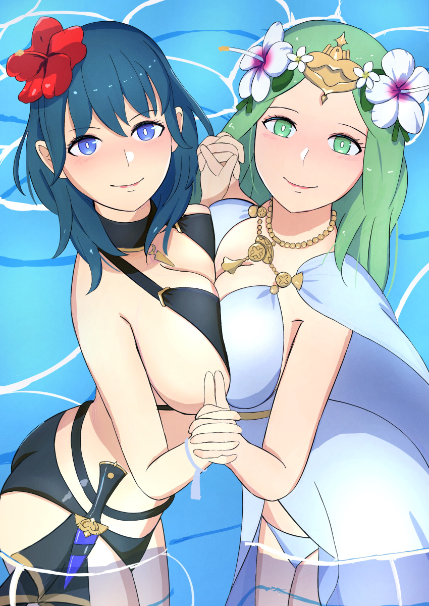 2girls alluring alternate_costume big_breasts bikini black_bikini black_swimsuit blue_eyes breast_press breasts byleth_(female) byleth_(fire_emblem) byleth_(fire_emblem)_(female) byleth_(summer)_(fire_emblem)_(female) female_only fire_emblem fire_emblem:_three_houses fire_emblem_heroes green_eyes green_hair holding_hands looking_at_viewer mgnk33 multiple_girls nintendo official_alternate_costume rhea_(fire_emblem) rhea_(summer)_(fire_emblem) swimsuit symmetrical_docking teal_hair white_bikini white_swimsuit yuri