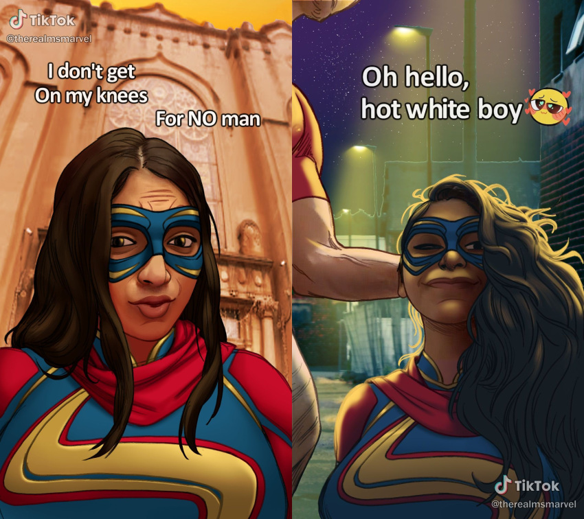 arabian_female big_breasts brown_eyes brown_hair brown_skin cosplay domino_mask imminent_sex kamala_khan marvel marvel_comics ms._marvel muscular_male therealmsmarvel tiktok