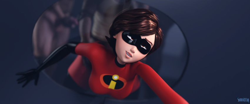 bbc big_breasts bodysuit brown_hair cartoon_milf dark-skinned_male helen_parr interracial light-skinned_female masked_female milf penis_out r**e short_hair smitty34 stuck stuck_in_door superheroine the_incredibles trapped