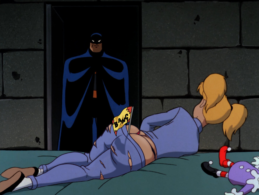 1boy 1girl alternate_ass_size ass batman batman:_the_animated_series batman_(series) bed big_ass blonde_hair bruce_wayne bubble_butt dat_ass dcau edit edited edited_screencap harleen_quinzel harley_quinn jail jail_cell large_ass large_butt laying_down laying_on_bed panties red_panties red_thong red_underwear ripped_clothing ripped_pants screencap screenshot screenshot_edit thong underwear yetig