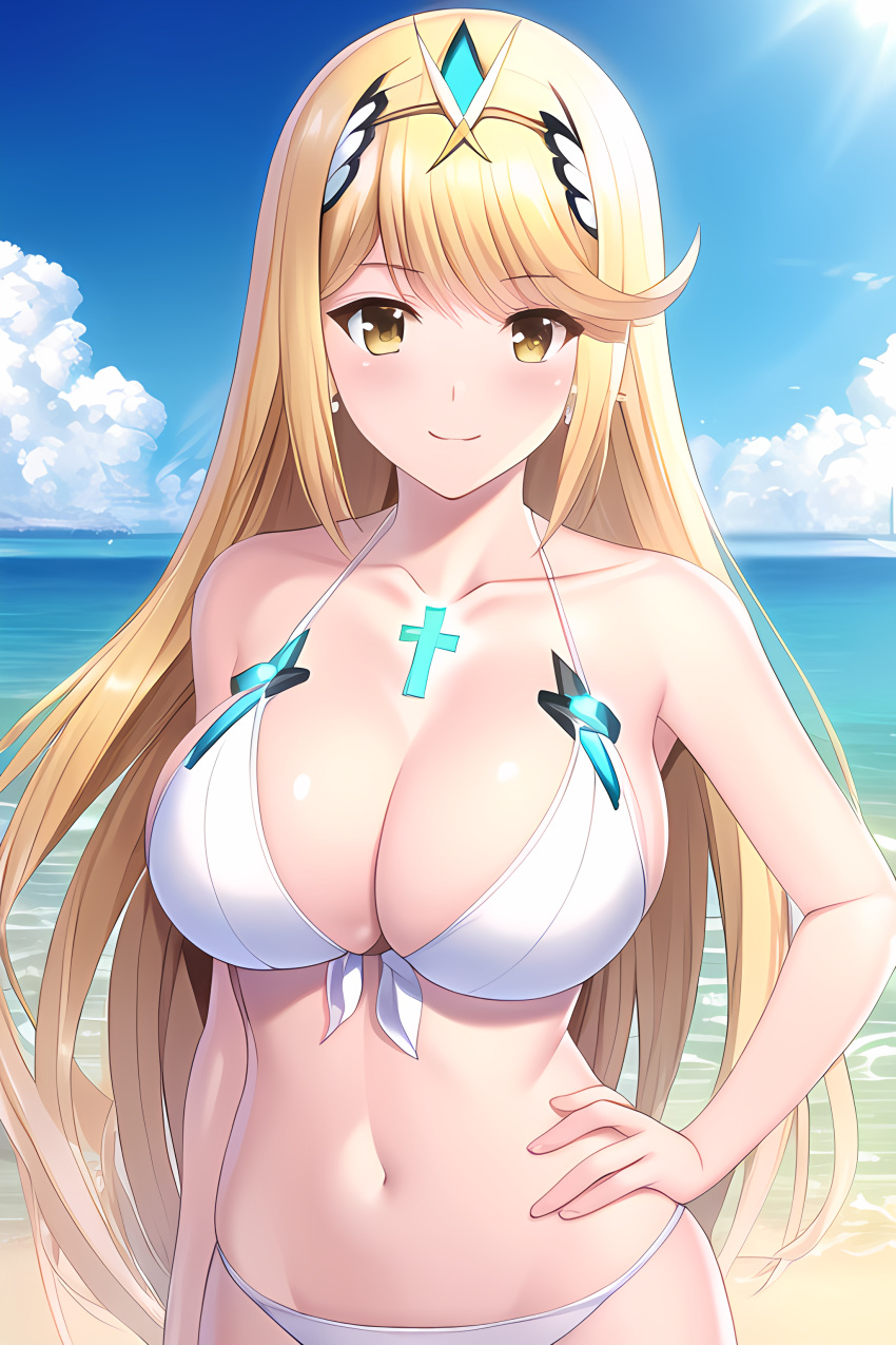 1girl 1girl 1girl alluring badtimer beach big_breasts blonde_hair blue_sky breasts cleavage female_only mythra nightcore_(artist) nintendo ocean xenoblade_(series) xenoblade_chronicles_2 yellow_eyes