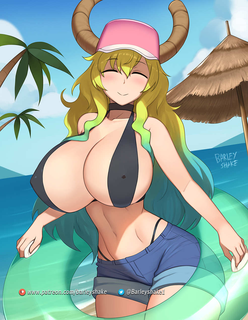 1girl 1girl artist_name bare_shoulders barleyshake baseball_cap beach bikini bikini_under_clothes blonde_hair breasts choker cleavage closed_eyes closed_mouth collarbone covered_nipples cowboy_shot day denim denim_shorts dragon_girl dragon_horns gradient_hair green_hair hair_between_eyes hat high_res horns horns_through_headwear huge_breasts innertube kobayashi-san_chi_no_maidragon leaning_forward light_blush long_hair lucoa_(maidragon) multicolored_hair navel outside patreon_username pink_headwear short_shorts shorts sling_bikini_top smile swimsuit twitter_logo twitter_username web_address wide_hips