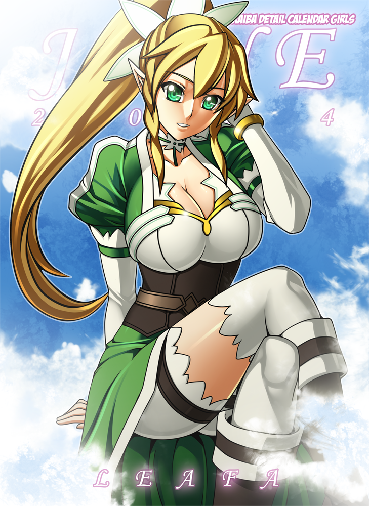 1girl alluring big_breasts blonde_hair cleavage clothed_female green_eyes jadenkaiba leafa sword_art_online