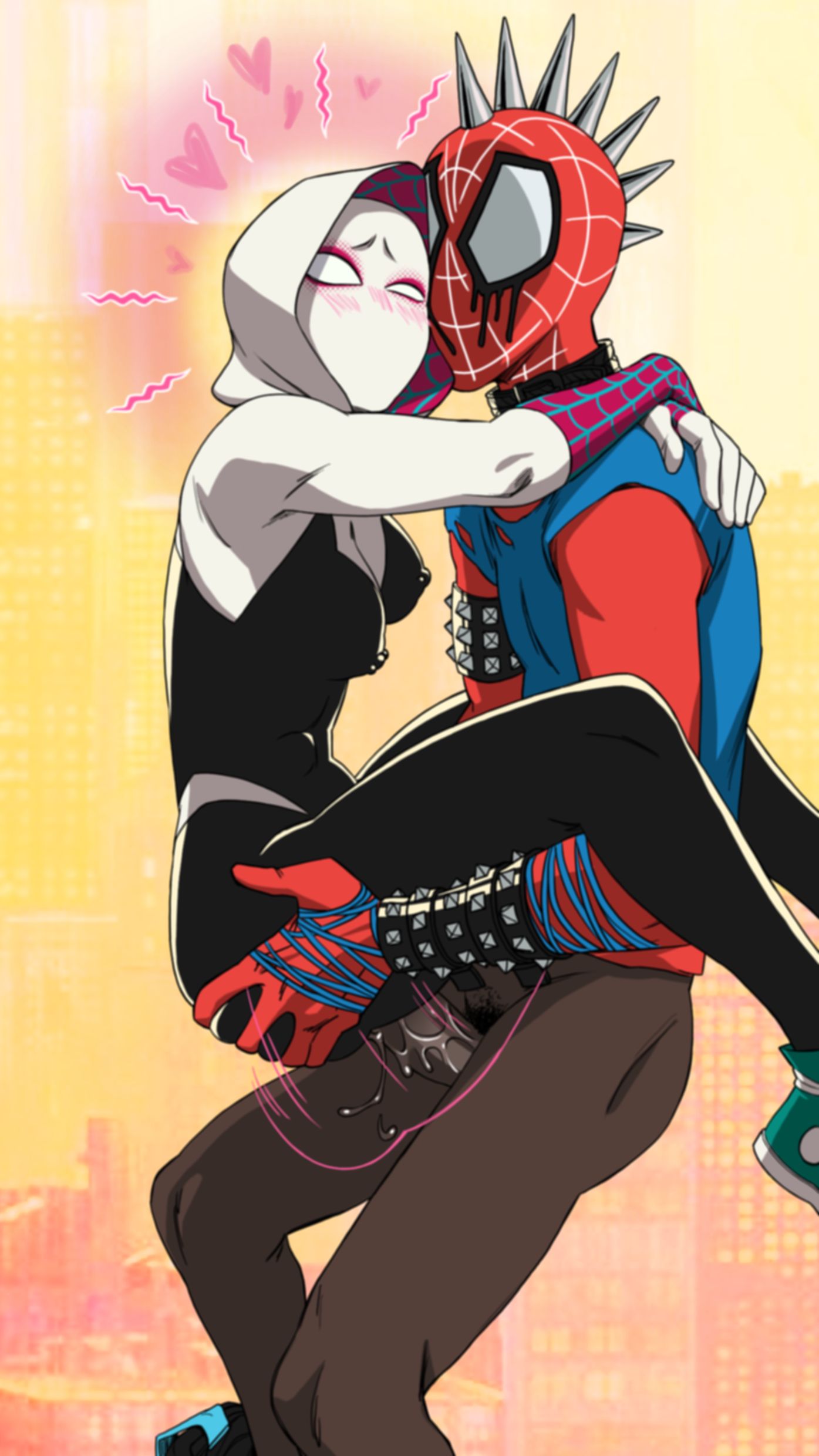 big_penis blonde_hair blue_eyes bodysuit dark-skinned_male eyebrow_piercing gwen_stacy hobart_brown light-skinned_female marvel mask nipple_bulge pussy_juice spider-man:_across_the_spider-verse spider-punk stand_and_carry_position vaginal_juices_on_penis wet_penis