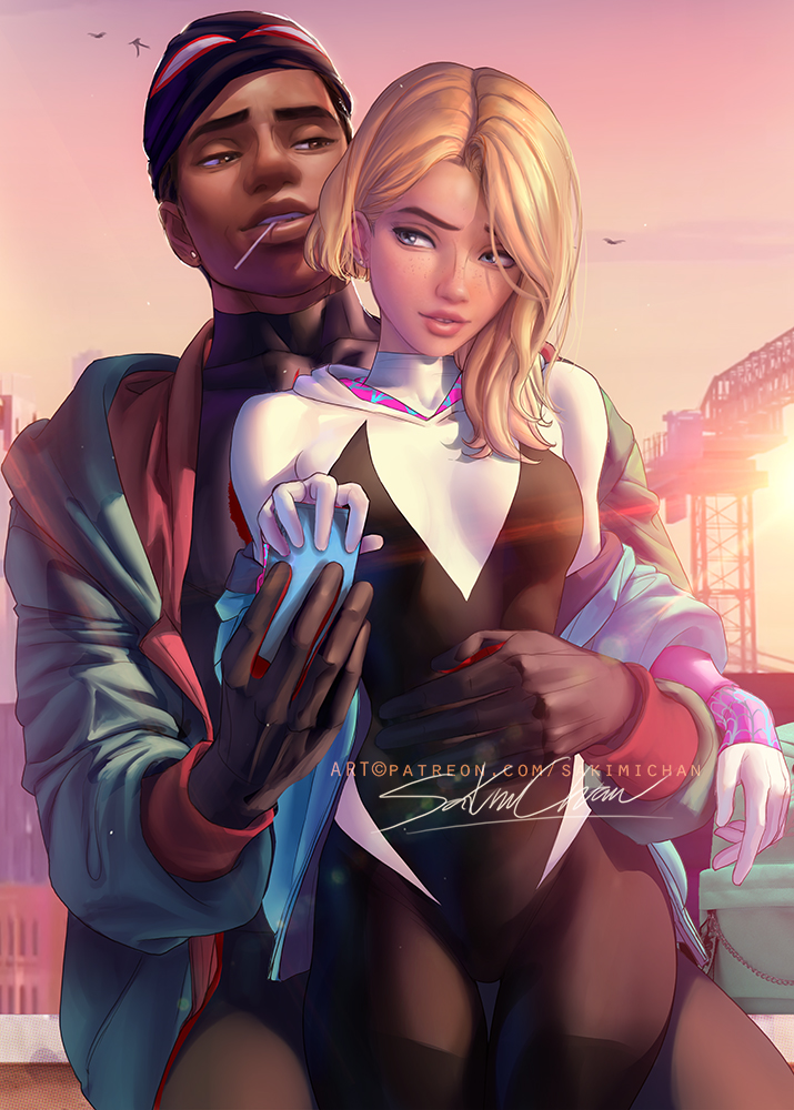 blonde_hair blue_eyes bodysuit brown_eyes dark-skinned_male from_behind gwen_stacy interracial jacket light-skinned_female marvel miles_morales spider-gwen spider-man:_across_the_spider-verse superheroine